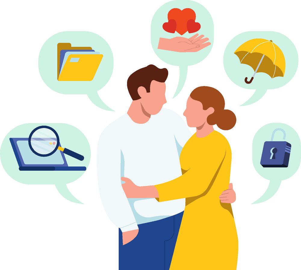 Illustration of a couple surrounded by planning and protection symbols